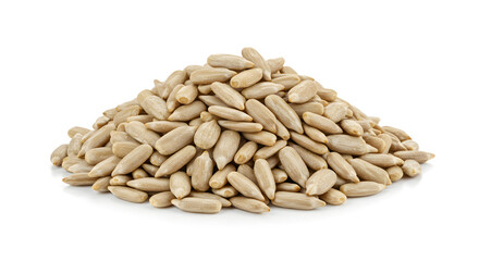 Closeup Pile of Beige Shelled Sunflower Seeds on White Surface for Culinary Still Life Composition