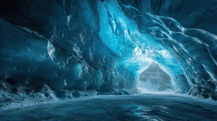 Spectacular Blue Ice Cave Formation with Striking Texture and Sunlight Entrance