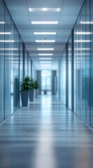 Modern office corridor with glass walls and plants during daylight hours