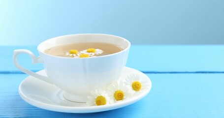 Delicious chamomile tea in cup and fresh flowers on light blue wooden table, closeup. Space for text