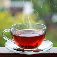 Hot Tea in Clear Cup with Steam on Blurred Green Background