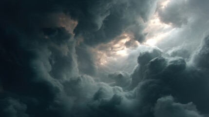 Dramatic sky features dark storm cloud formations contrasted with sunlight showcasing nature atmospheric weather event