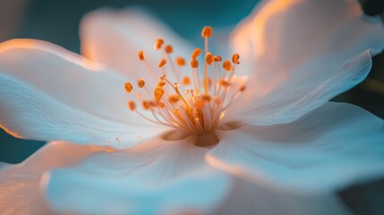 Close-Up of Delicate White Flower Petals with Orange Center, Macro Photography