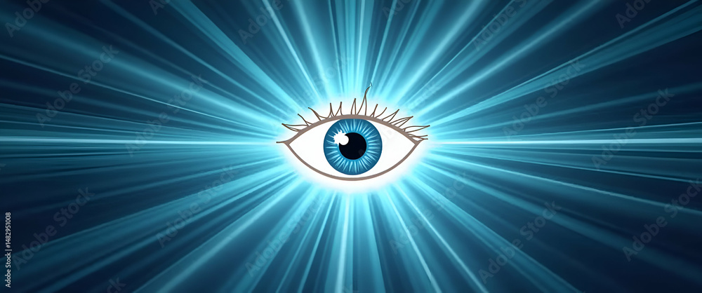 Poster eye icon surrounded by radiant light beams: a striking border frame for world sight day awareness me