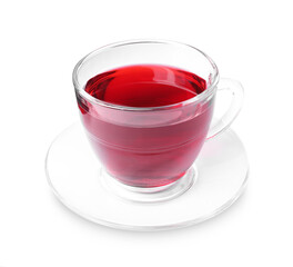 Delicious hibiscus tea in glass cup isolated on white