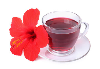 Delicious hibiscus tea in glass cup and beautiful flower isolated on white