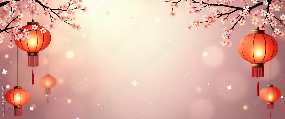 Poster elegant floating lanterns and delicate cherry blossoms create a beautiful border frame with ample sp