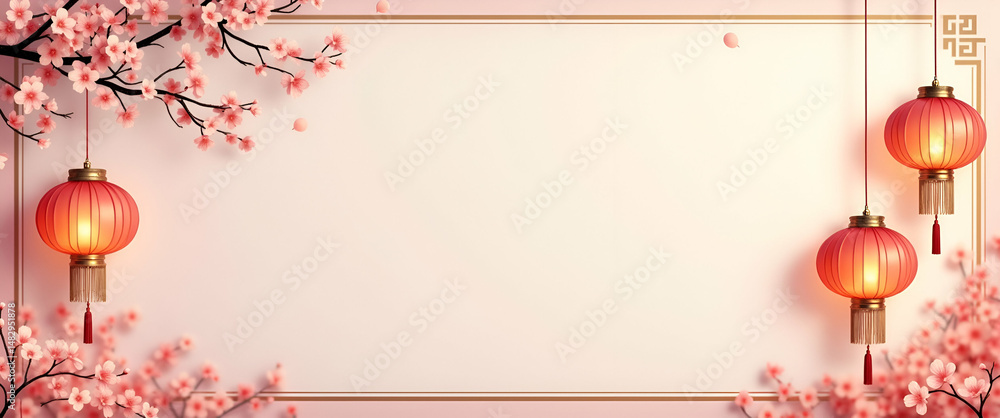 Poster floating lanterns and cherry blossoms border frame with elegant copy space for songkran concept as e