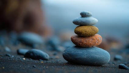 Balanced Stack of Stones on Dark Sand Beach