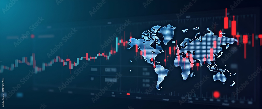 Poster financial market analytics graph on world map background showing stock markets and traders dashboard