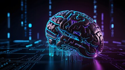 A high-resolution conceptual illustration of a glowing human brain integrated with circuit lines, representing artificial intelligence, futuristic technology, and digital cognition.