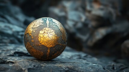 Ancient golden sphere with cracked texture on rocky surface