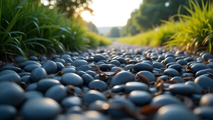 Smooth gray pebbles covering the ground in a natural setting during daylight hours