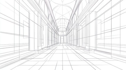 Architectural Wireframe Corridor: A 3D Perspective of an Elegant Interior Design