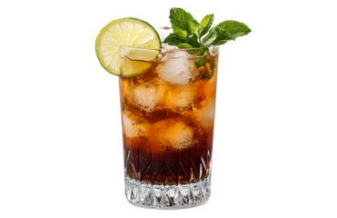 cuba libre cocktail: rum and cola in glass with ice cubes, mint and lime on transparent background
