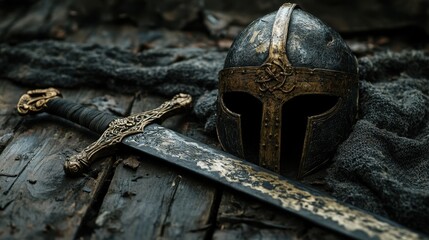 Medieval helmet and sword on weathered wooden surface