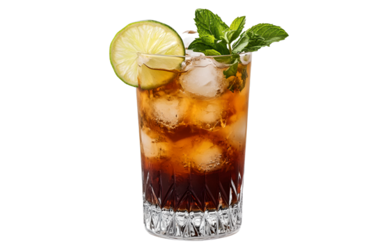 cuba libre cocktail: rum and cola in glass with ice cubes, mint and lime on transparent background