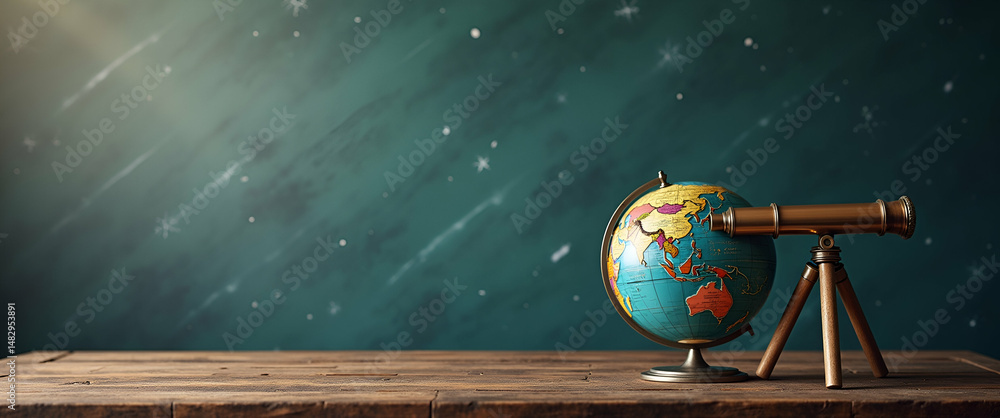 Poster photo realistic as blackboard with telescope and globe concept as a blackboard featuring a telescope