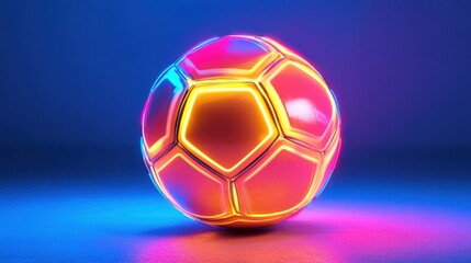 Fototapeta premium Vibrant neon soccer ball with multicolored glow on blue background