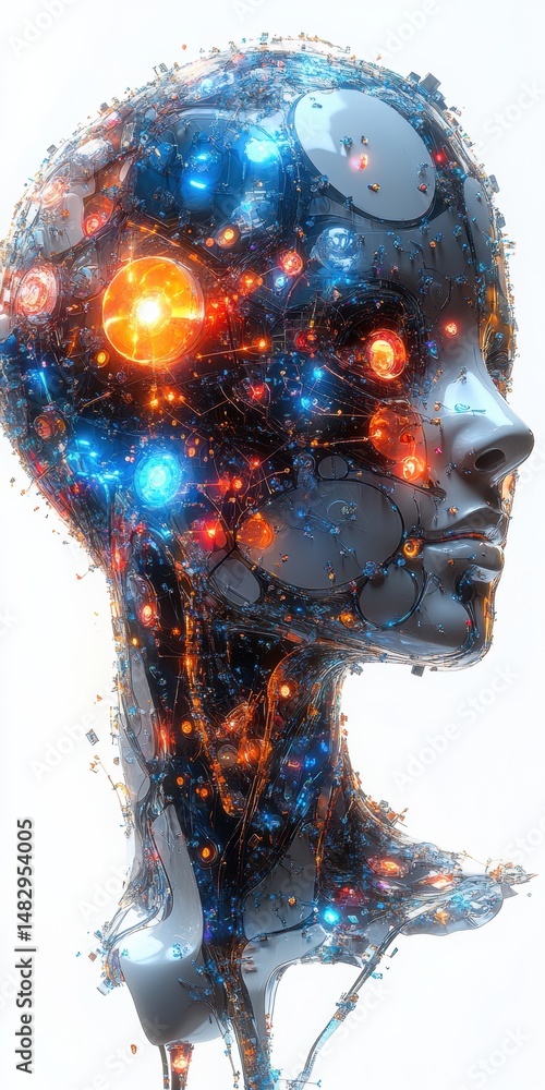 Poster futuristic artificial intelligence head with interconnected network and glowing orbs