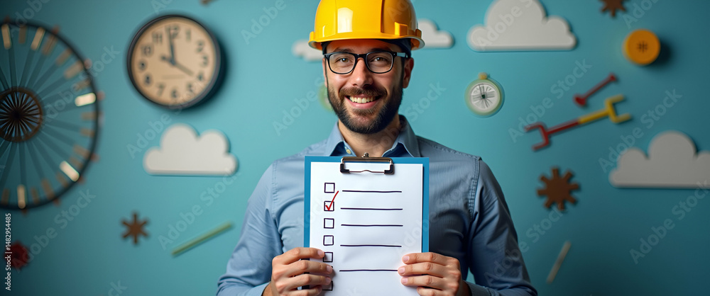 Poster photo realistic as supplier quality engineer with checklist and certificate concept as an image of a