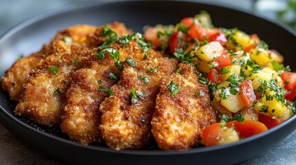Crispy fried chicken breast with fresh tomato and pepper salsa