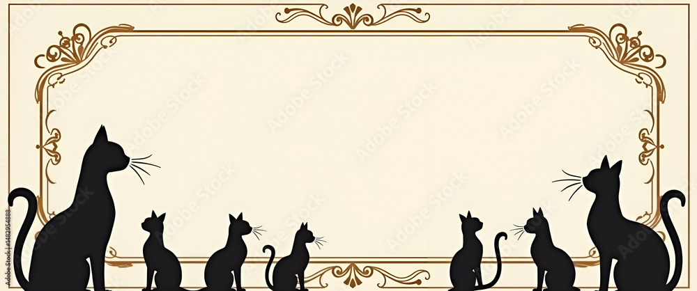 Poster elegant international cat day border frame with ornate whiskers and silhouettes - perfect for text a