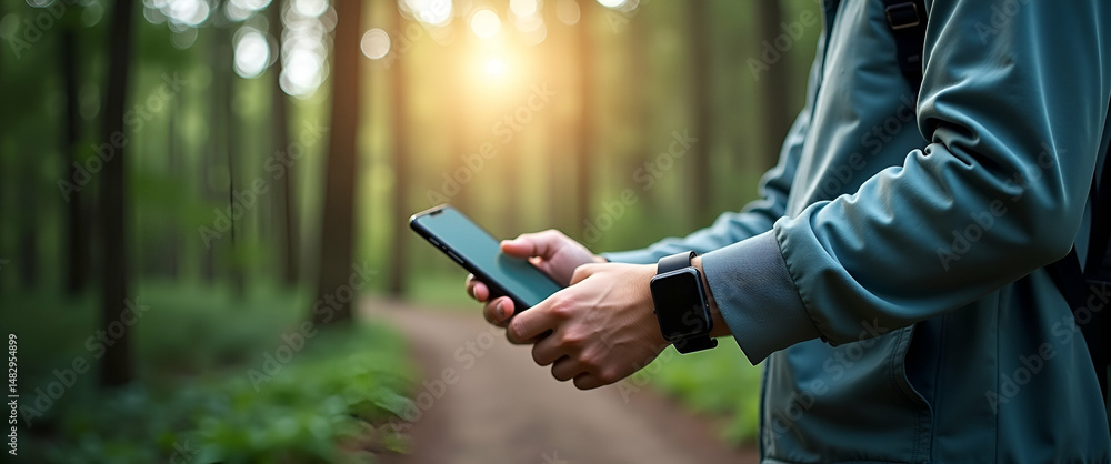 Poster photo realistic image of a person with a camera drone on a forest trail, featuring a smart wristband