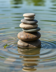 Towering pile of smooth stones casting shimmering emerald ripples across the glassy surface., mindfulness theme. with white shades