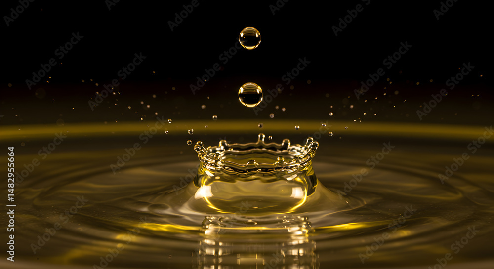 Poster golden liquid drop crown creates ripples in dark background and sparkling details capture captivatin