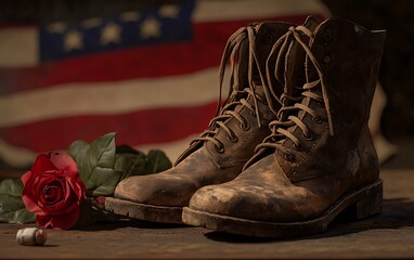 Worn leather military boots stand poignantly beside a red rose and shell casing