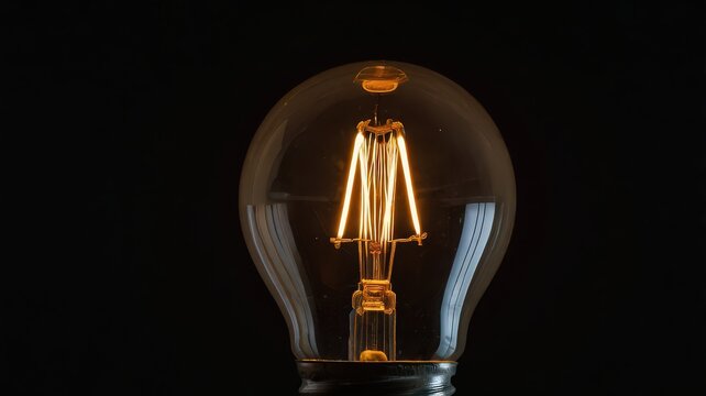 A close up shot of a glowing light bulb with visible filaments against a black background space - Powered by Adobe