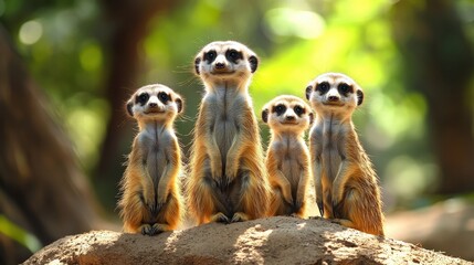 Fototapeta premium Group of four meerkats standing alert on rock in sunlit forest