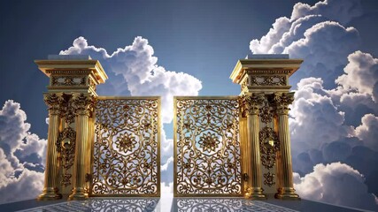 Golden ornate gates open through clouds with sunbeams shining behind, surreal heavenly scene symbolizing paradise, faith and spiritual hope - Powered by Adobe