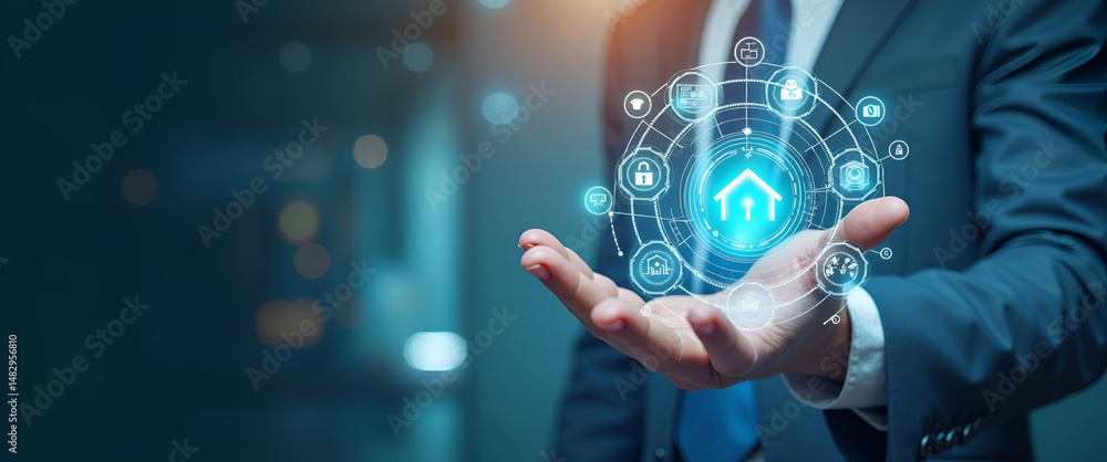 Poster photo realistic image of a person intertwined with a smart security system and tech symbols, represe