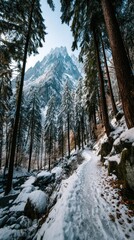 Snowy path leads to a mountain peak