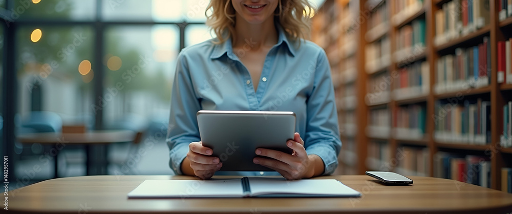 Poster photo realistic image of a person using a tablet in an urban library, with a foldable table, symboli