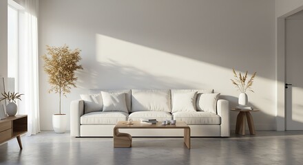 Serene Minimalist Living Room: Sunlit Sofa, Wooden Accents