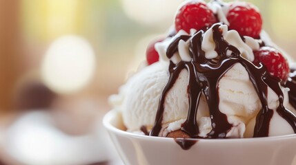 Delicious Ice Cream Sundae with Raspberries and Chocolate Sauce