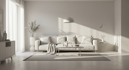 Serene Minimalist Living Room: Sunlit Sofa and Tranquil Decor