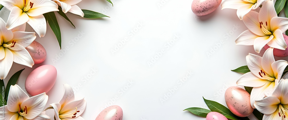 Poster easter eggs and lilies border frame with elegant copy space for easter concept as elegant easter egg