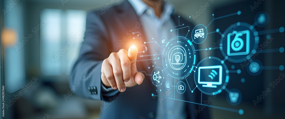 Poster photo realistic as person interacting with a smart home interface and iot devices symbolizing iot ad