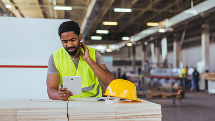 Construction Worker Using Tablet in Industrial Setting During Breaktime
