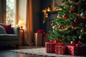 Cozy holiday scene with a decorated tree and gifts , warm, lights, home