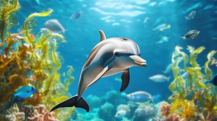 Dolphin Swimming in Vibrant Ocean Reef with Colorful Marine Life