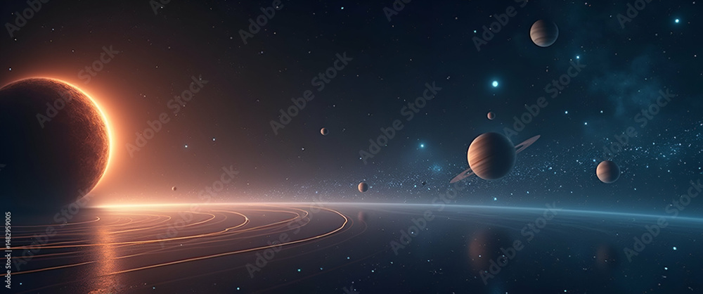 Poster modern minimalist wallpaper design: solar system exploration with sleek graphics and expansive space
