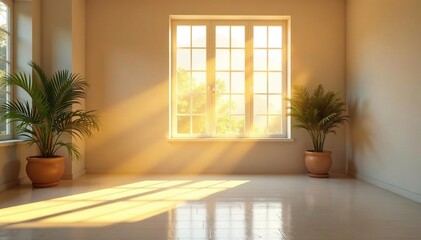 Sunlight streams through bright windows, illuminating a clean, empty room Dust motes dance in the golden rays , perspective, reflection, clean