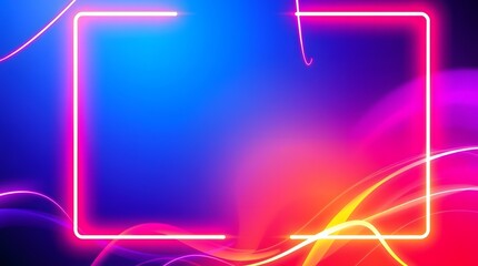Vibrant Neon Frame on Abstract Colorful Background. Glowing lines, pink, blue, orange, purple hues.