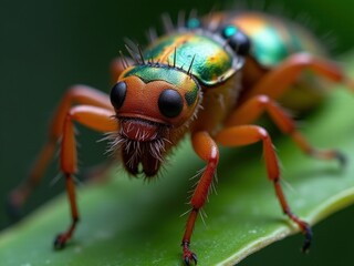 Fototapeta premium medicinal herbs and berries, traditional medicine Colorful bug with green and red markings on its head and body. The bug is standing on a leaf