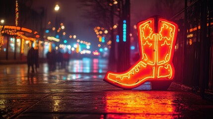 Neon cowboy boot sign illuminates a nighttime urban street scene
